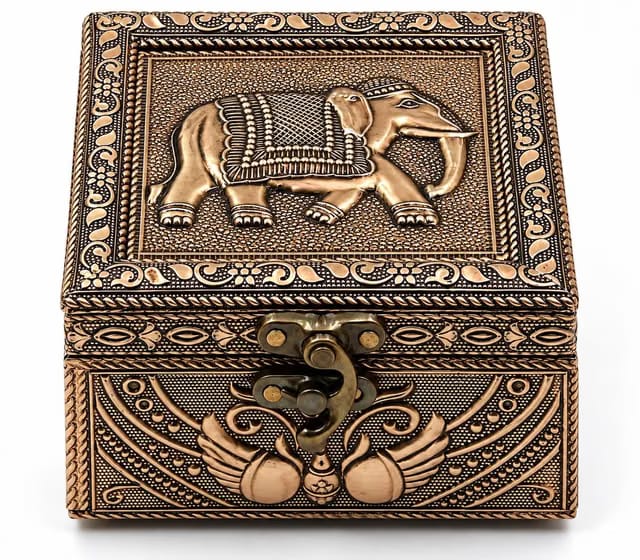 Royal Copper Oxidized Elephant Jewellery Box - Handcrafted Wooden Decorative Gift Box with Lock