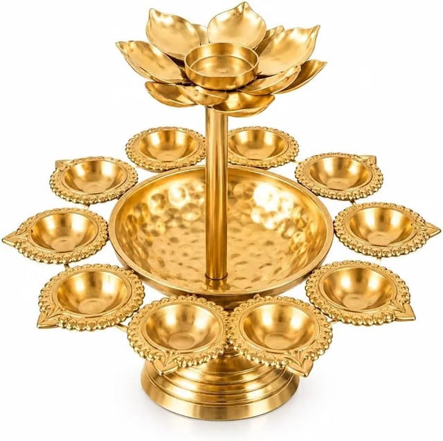 Handcrafted Golden Brass-Finish 2-Tier Lotus Diya Stand with Hammered Urli Bowl & 10 Oil Lamps – Decorative Metal