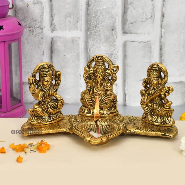 Ascension Laxmi Ganesh Saraswati Idol Showpiece Metal Statue with Diya Decoration Pooja Showpiece Sitting Idol Blessing