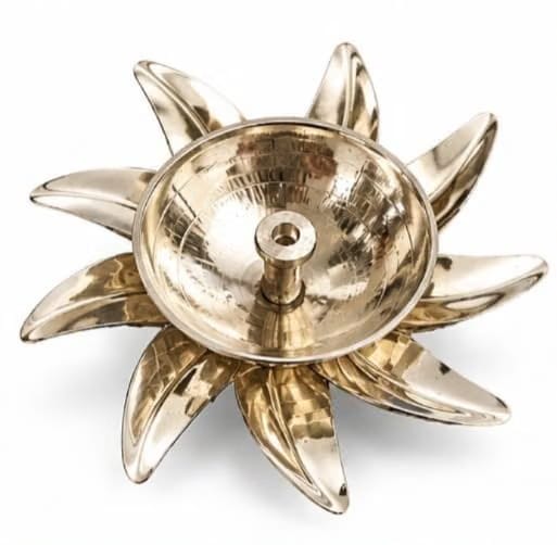Lotus Diya for Pooja and Home Temple Decoration, Decorative Flower Shape Oil Lamp with Reflective Metal Finish