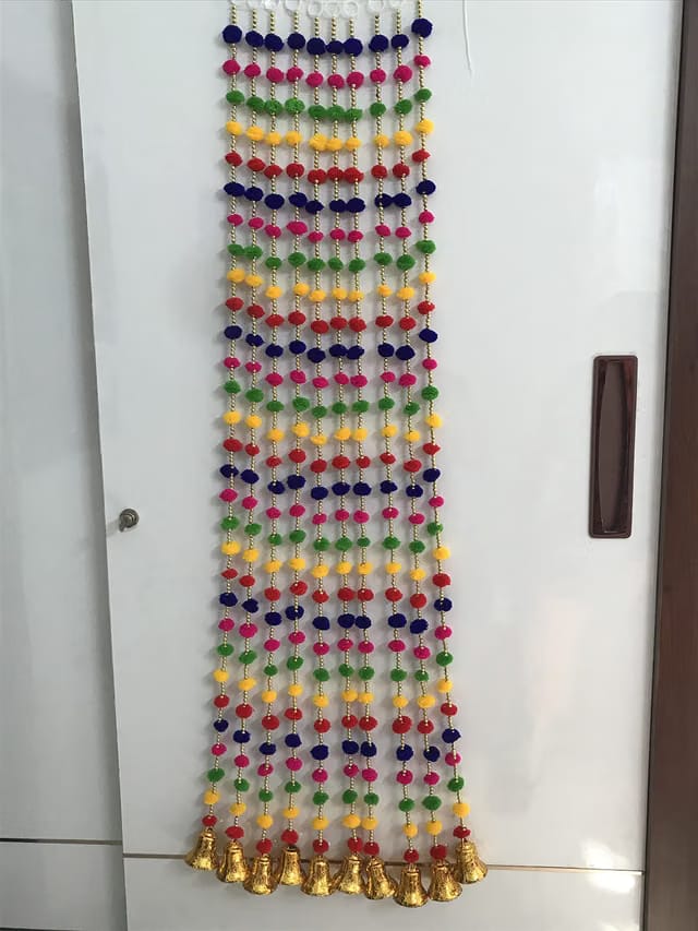 TATHAGATA Handmade Wall Door 2 ft. Multicolor Hanging Pom Pom Garland Bandhwar with Golden Bells Decoration Item for