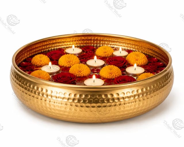 Pure Brass Urli Bowl for Home Decor – Handcrafted Hammered Floating Flower and Diya Pot