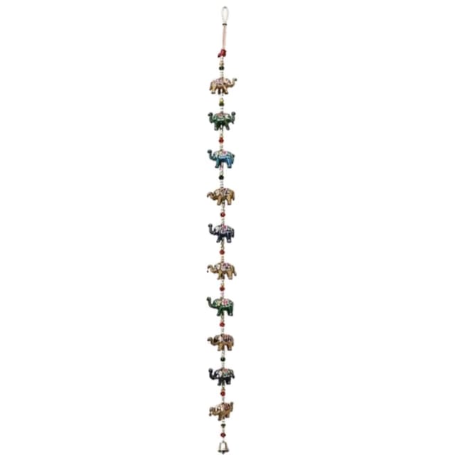 Multicolour Elephant Door Hanging with 10 Wooden Elephant Charms and Brass Bell Traditional Indian Home Entrance Wall