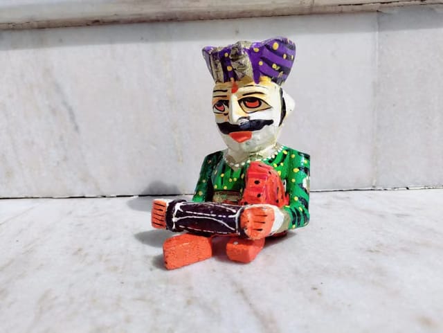 Wooden Musician Playing Drum Figurine