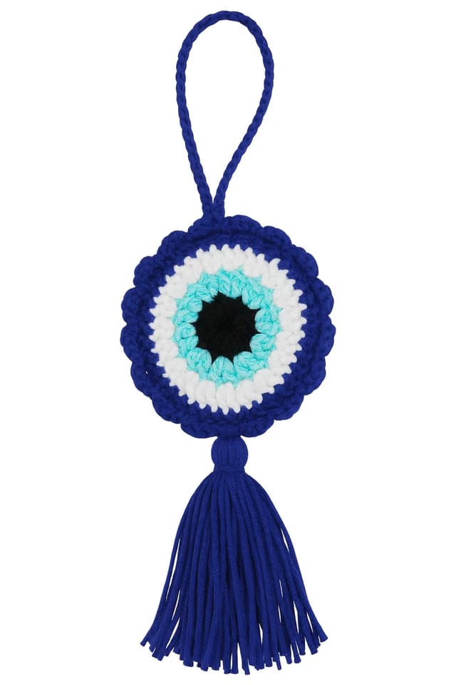 Handmade Crochet Evil Eye Wall Hanging with Tassel, Indian Tricolor and Blue Design