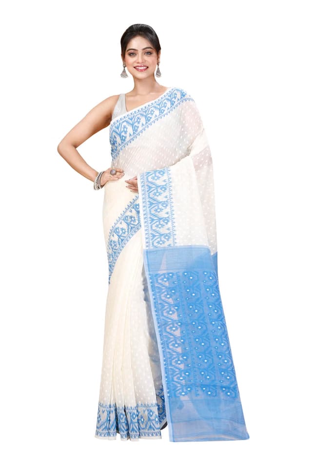 Women’s Soft Resham Dhakai Ball Work Jamdani Saree without Starch And Without Blouse Piece (Steel)