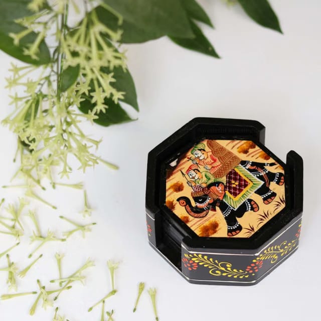 Swadeshi Blessings Wooden Octagonal Coffee/Tea Coasters Set- Handcrafted & Hand-Painted for Kitchen/Table & Home