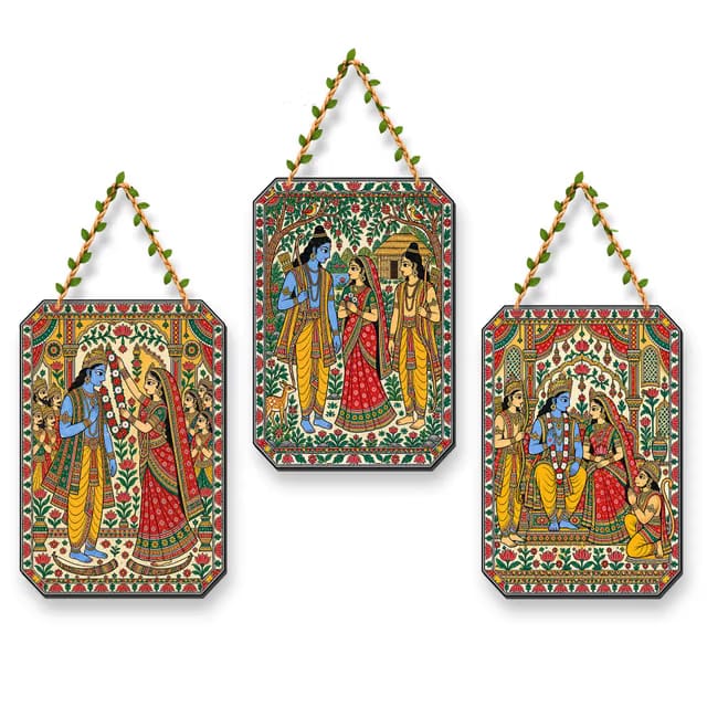 Ram Sita Madhubani Painting Wall Hangings Set of 3 MDF Panels 8 x 11 Inches