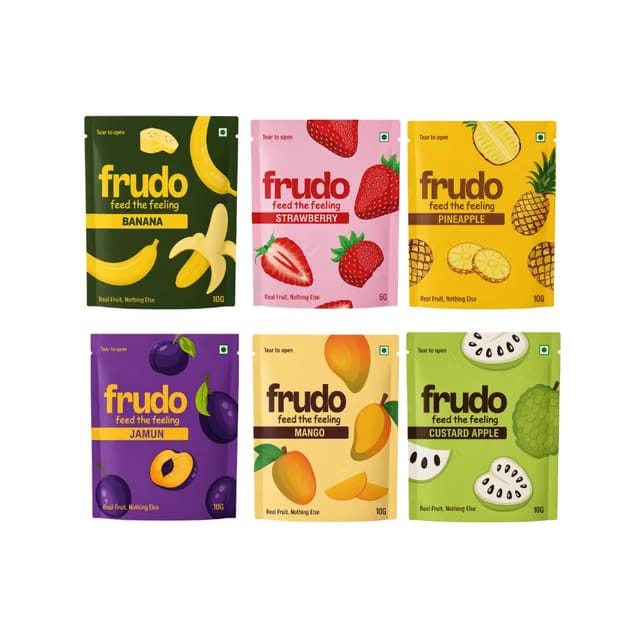FRUDO Assorted Freeze Dried Fruit Snacks, Banana, Strawberry, Pineapple, Jamun, Mango & Custard Apple Crisps