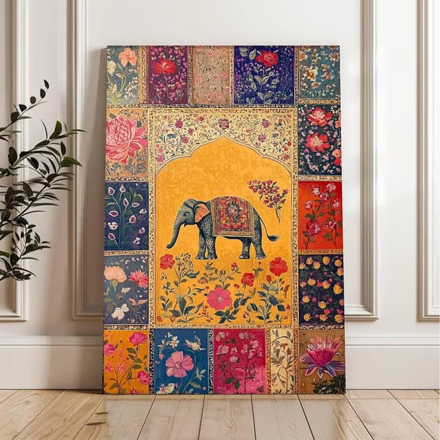PAINTINGMANTRA Elephant Vastu Madhubani Canvas Wall Painting for Living Room