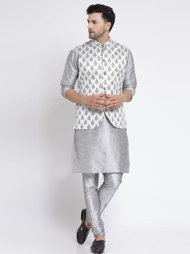 TS LIFESTYLE Men Floral Regular Dupion Silk Kurta with Churidar With Nehru Jacket Sets.