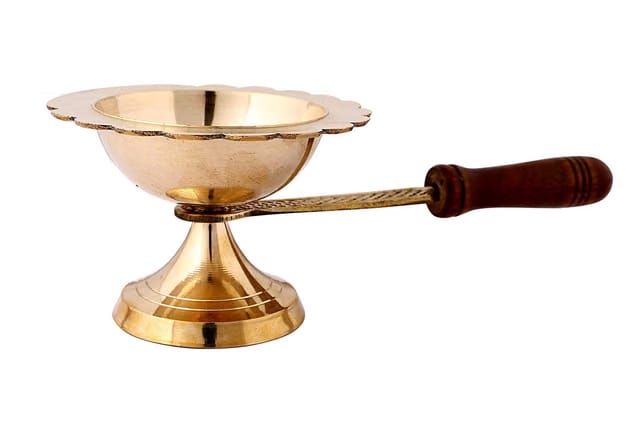 Wooden Handle Kapoor Aarti Brass Table Diya`