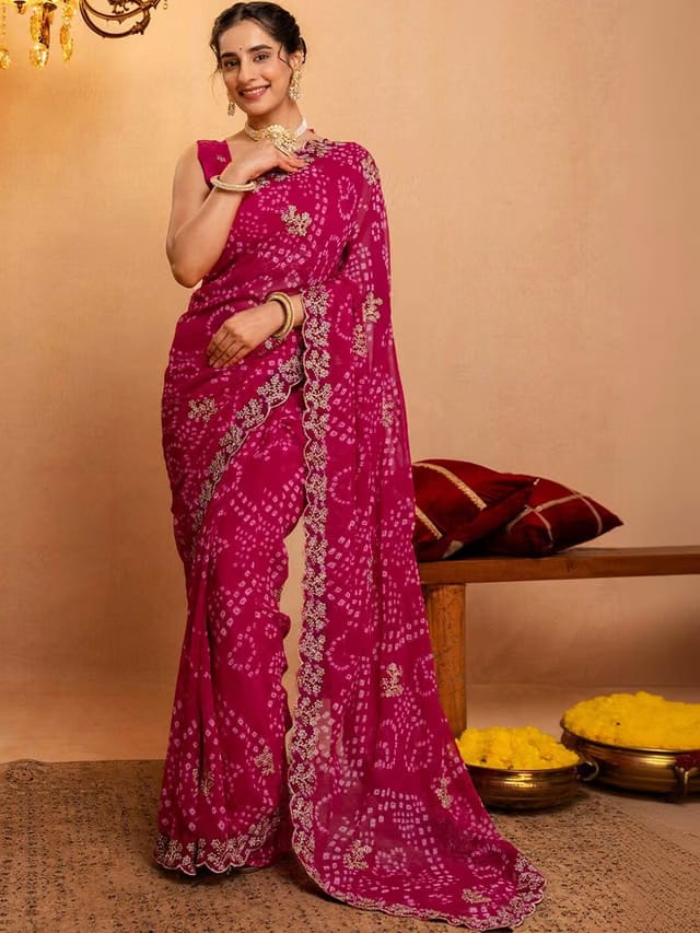 KALINI Bandhani Zari Pure Georgette Fusion Bandhani Saree