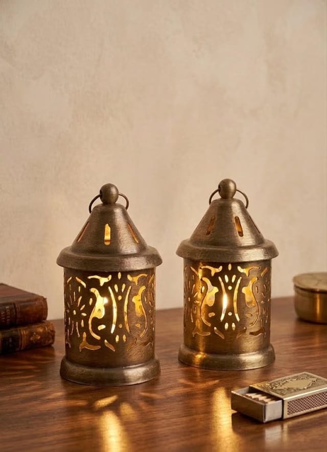 S.S Handicraft Antique Brass Metal Hanging Lantern Set of 2 – Handcrafted Moroccan Cut-Out Tealight Candle Holders