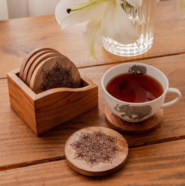 Octavius Mystic Lotus Round Sesham Wood Coasters with Holder – Handcrafted Coaster Set of 6