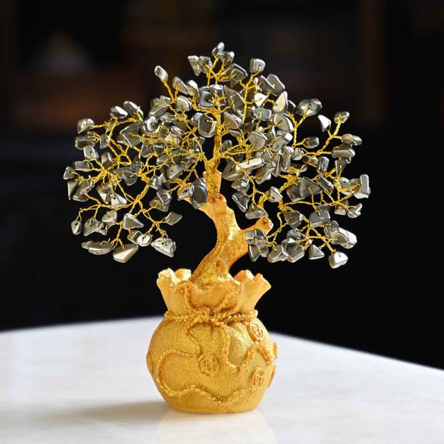 Pyrite Crystal Money Tree with Golden Potli Base for Spiritual Gift