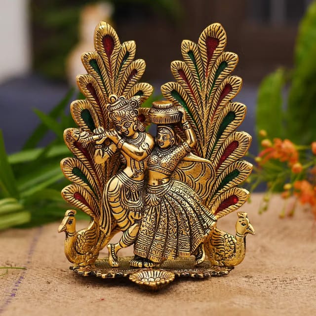 Collectible India Peacock Design Radha Krishna Idol Showpiece with Diya for Puja and Home Decor (7 x 5 Inches), Metal