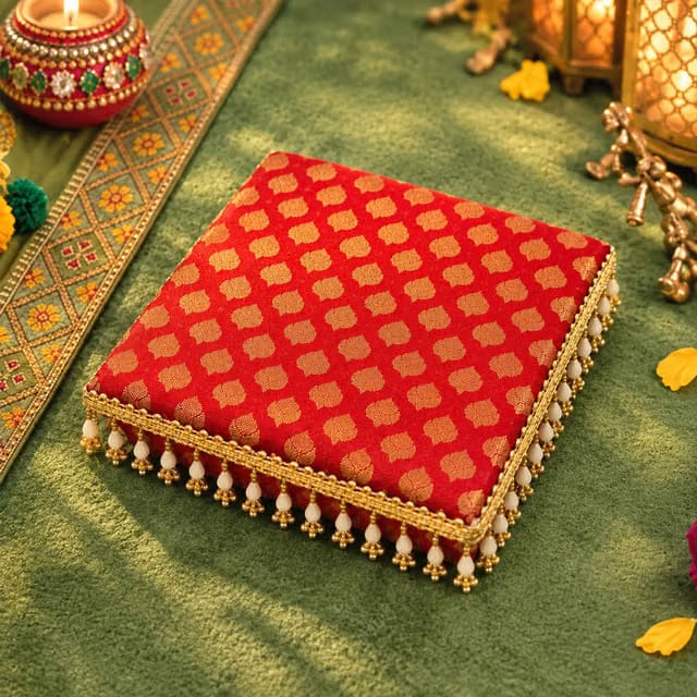 Red Brocade and Pearl Regal Pooja Chowki Set