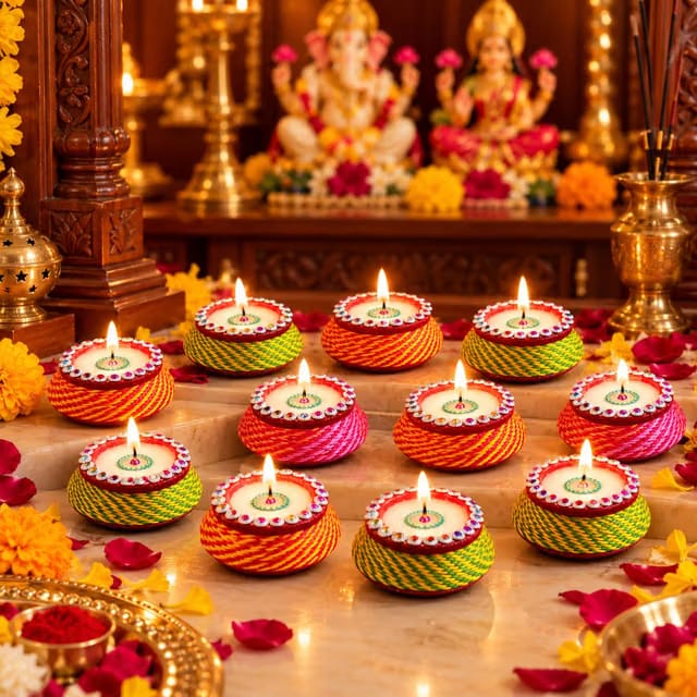 TIED RIBBONS Set of 12 Decorative Handmade Clay Wax Filled Matki Diyas Diya Deepak for Diwali Decoration Home Puja Pooja