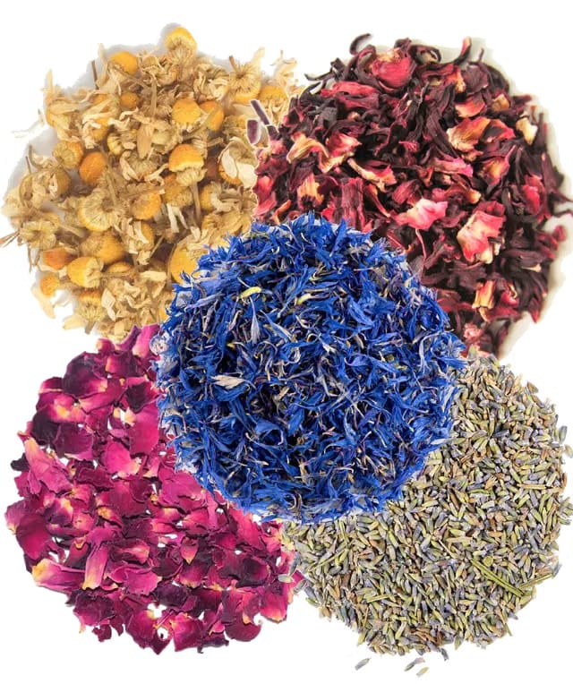 A D Food & Herbs Combo of Dried Lavender/Rose/Hibiscus/Blue Corn Flower/Chamomile Flower Petals Aromatic Edible for