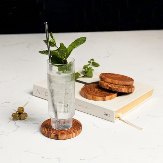 Olive Wood Drink Coasters, Handcrafted Round Design, Set of 2