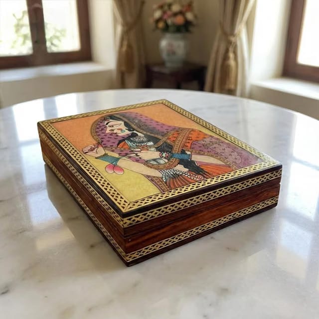 Gemstone Bani Thani Print Wooden Jewelry Box for Women, Brass Border Gemstone Painting Wooden Jewelry Box
