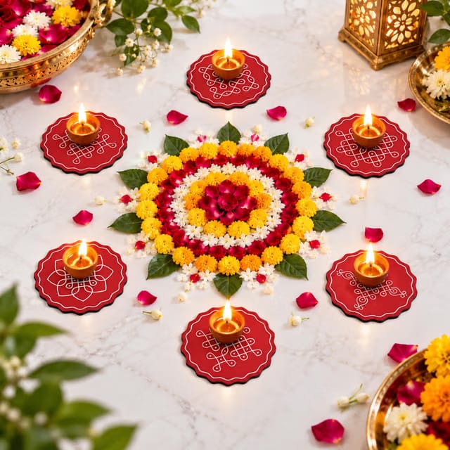 Gift Kya De Pooja Decoration Items for Home, Red Diya Coaster Set of 6, 3.5 x 3.5 Inches, Diwali Decor