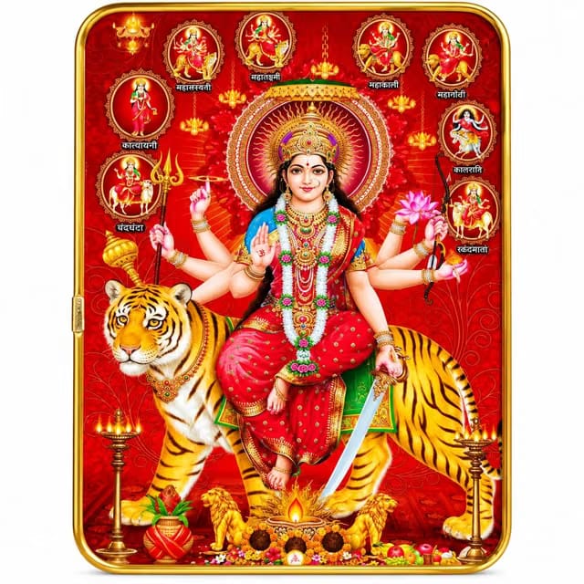 Crystal Maa Durga with Navdurga Photo Frame, Gold Border