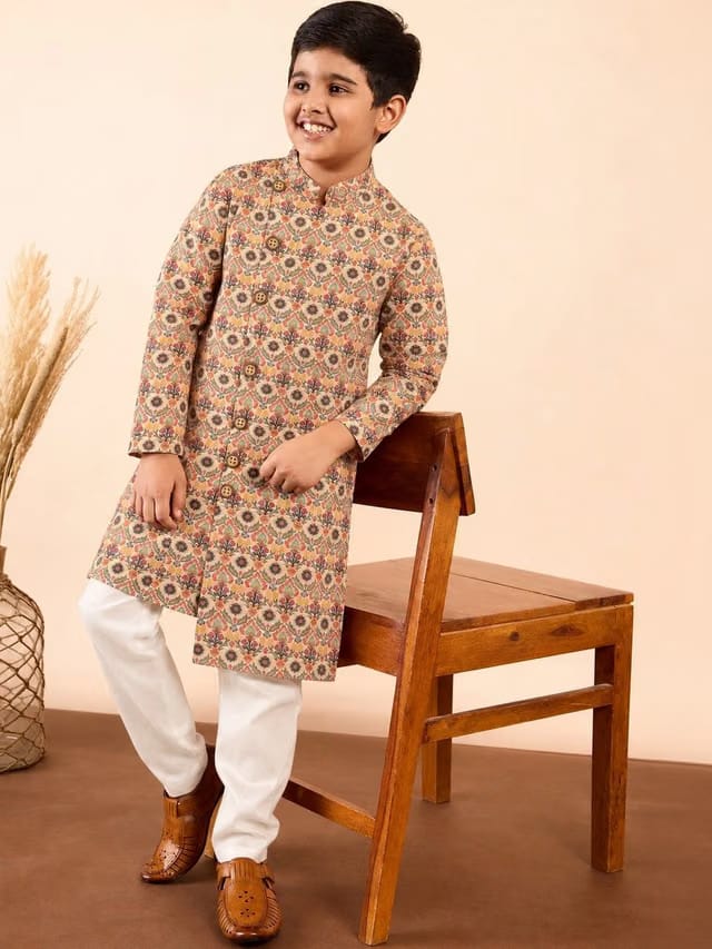 StyloBug Boys Ethnic Motifs Printed Angrakha Kurta with Pyjamas