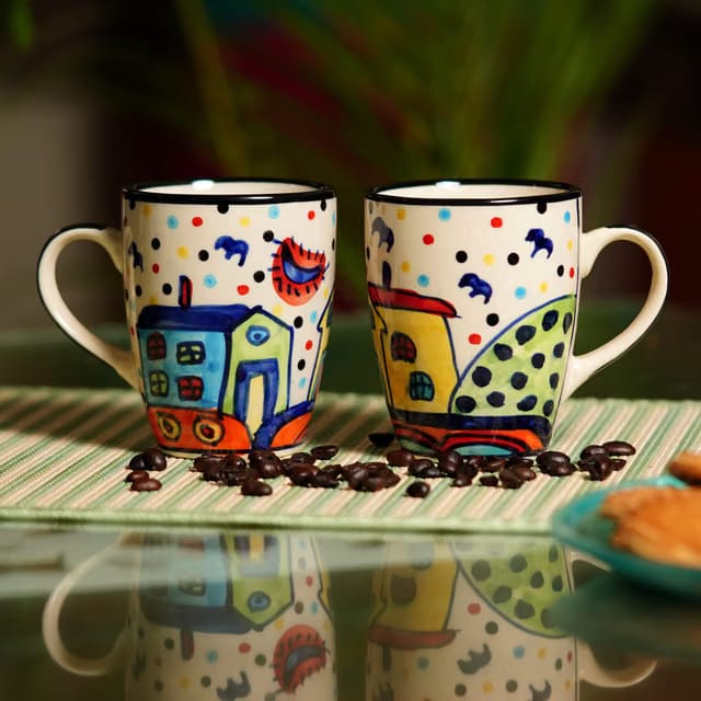 Hut Hand-Painted Serving Tea Cups Set/Milk Mugs & Ceramic Printed Coffee Mugs Set of 2 _Multicolor
