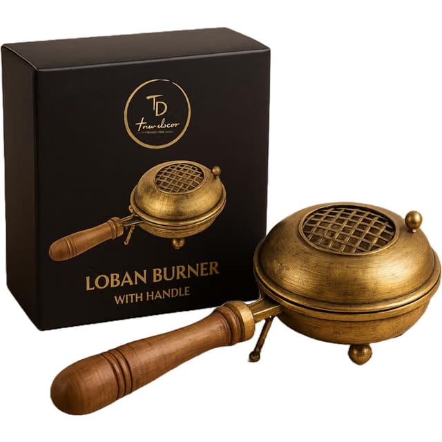 Brass Home Purifing Dhoop Dani Bakhoor Burner Dhop Holder Dhup with Wooden Handle for Home Office Temple Puja and