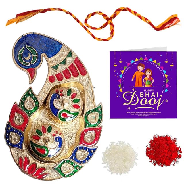 Peacock Grace Meenakari Bhai Dooj Thali with Mauli, Tilak