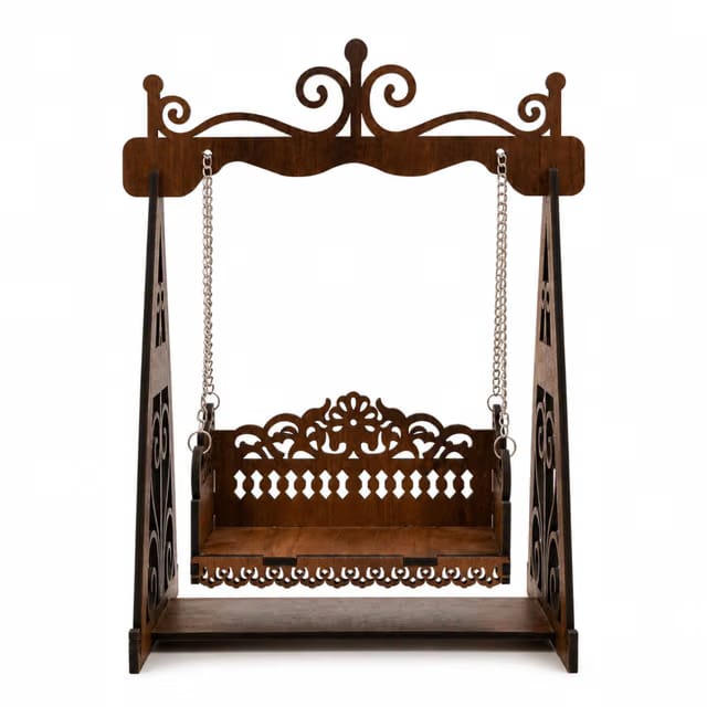 Premium Wooden Jhula for Laddu Gopal & Pooja Idols - White Oak Finish Traditional Krishna Palana with Contrast Dark