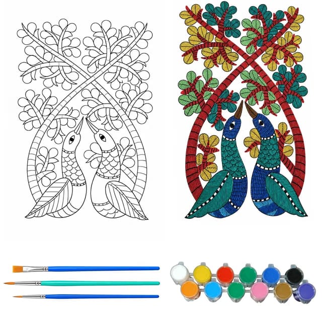 Premarked Canvas Kit Gond Art Peacock - Complete Painting Set with Pre-Outlined A4 Canvas, 3 Brushes