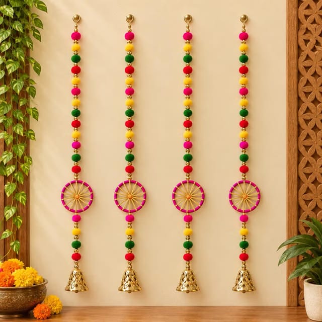 Pom Pom Hanging with Ring Bell Chakri Decorative Items for Living Room