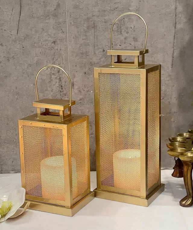 Gold Metal Lantern Set of 2 – Decorative Mesh Candle Holder Lanterns for Home Decor, Living Room
