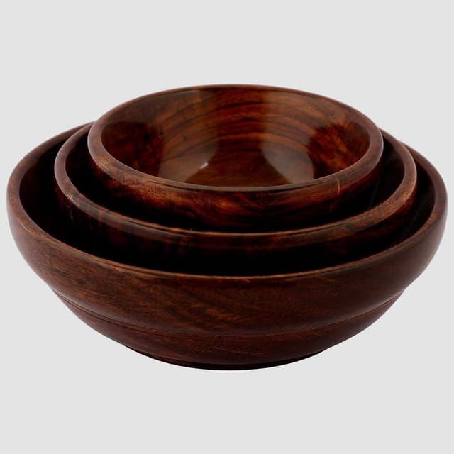 Wooden Handmade Contemporary Platter Multipurpose Serving Bowl For Kitchen (Brown) -Set Of 3,Standard