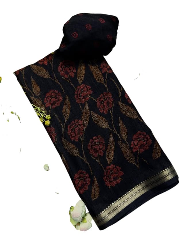 Tussar Silk Saree Beautiful Kashmiri Flower Print Zari Weaving Border And Pallu With Blouse Piece