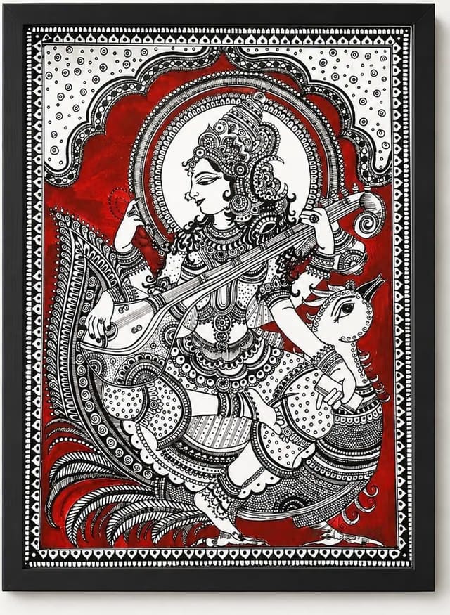 Goddess Saraswati Madhubani Painting - Traditional Mithila Folk Art Wall Decor