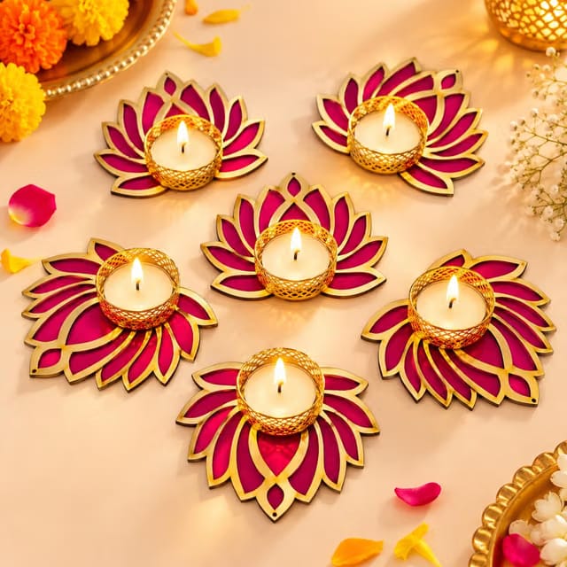 Keyora Handcrafted Lotus Tealight Candle Holder Home Decoration Item, Reusable Tea-Lights for Diwali Decoration, Pooja