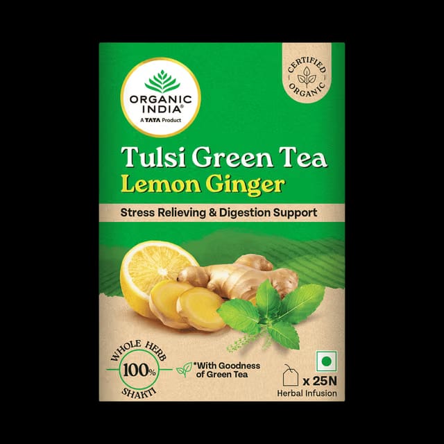 A TATA Product - Organic India Tulsi Green Tea - Lemon Ginger (25 Tea Bags)