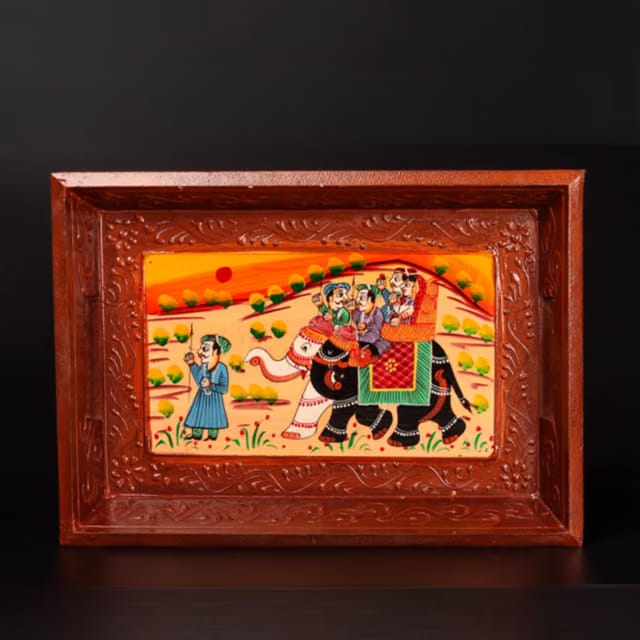 SWADESHI BLESSINGS Wooden Tray for Serving- Handcrafted & Hand-Painted for Kitchen/Rectangular Table & Home