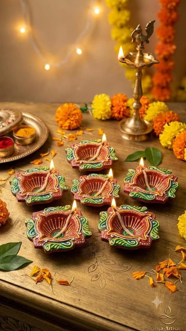 Diya-pro Enterprise Hand-Painted Clay Diya Set for Diwali, Pack of 6 Natural Decorative Mitti Diya Oil Lamps for Diwali