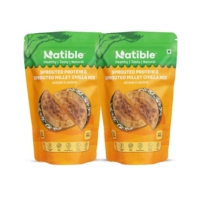 Natible Sprouted Protein & Sprouted Millet Chilla Dosa Mix (Achari Flavour) Instant Breakfast Meal I Gluten Free I Rice