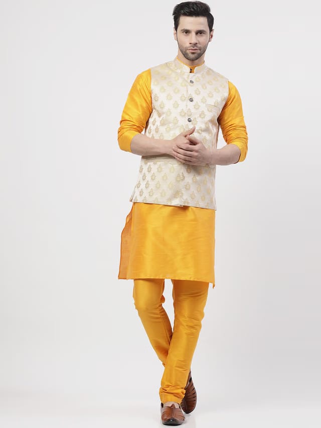 TS LIFESTYLE Woven Design Mandarin Collar Straight Kurta With Churidar & Nehru jacket