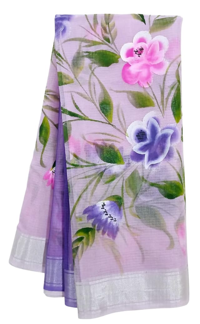 Kota Doria Hand Painting Saree Cotton Blend Blue for Women