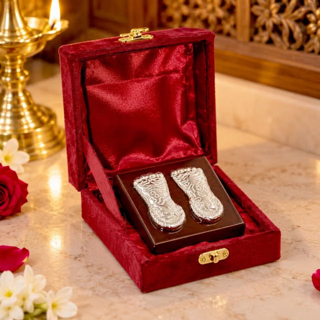CraftVatika Silver Plated Laxmi Charan Paduka with Velvet Box Pooja Diwali Gifts for Family and Friends Vastu Festive