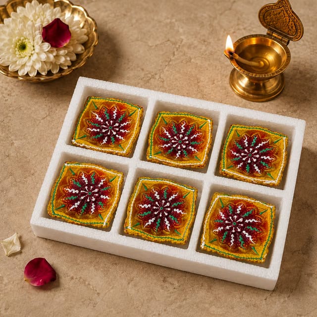 Decorative Clay Diyas Set for Diwali Pooja & Decoration Pack of 6 Multicolour
