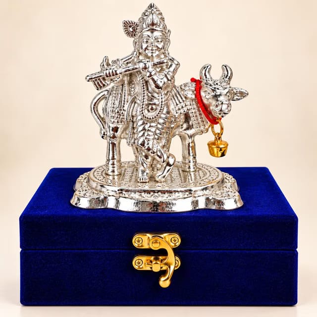 Premium German Silver Krishna Idol with Kamdhenu Cow