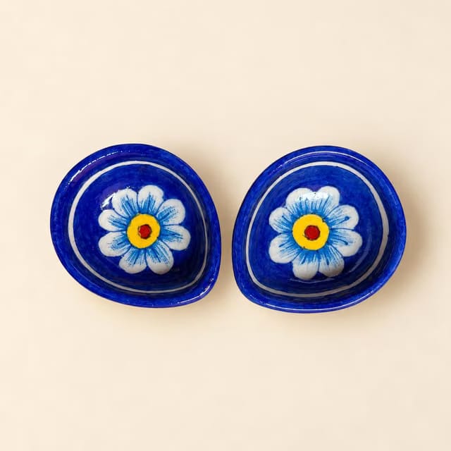 HastKala Blue Pottery Diya ( Set of 2 ) Blue Halo